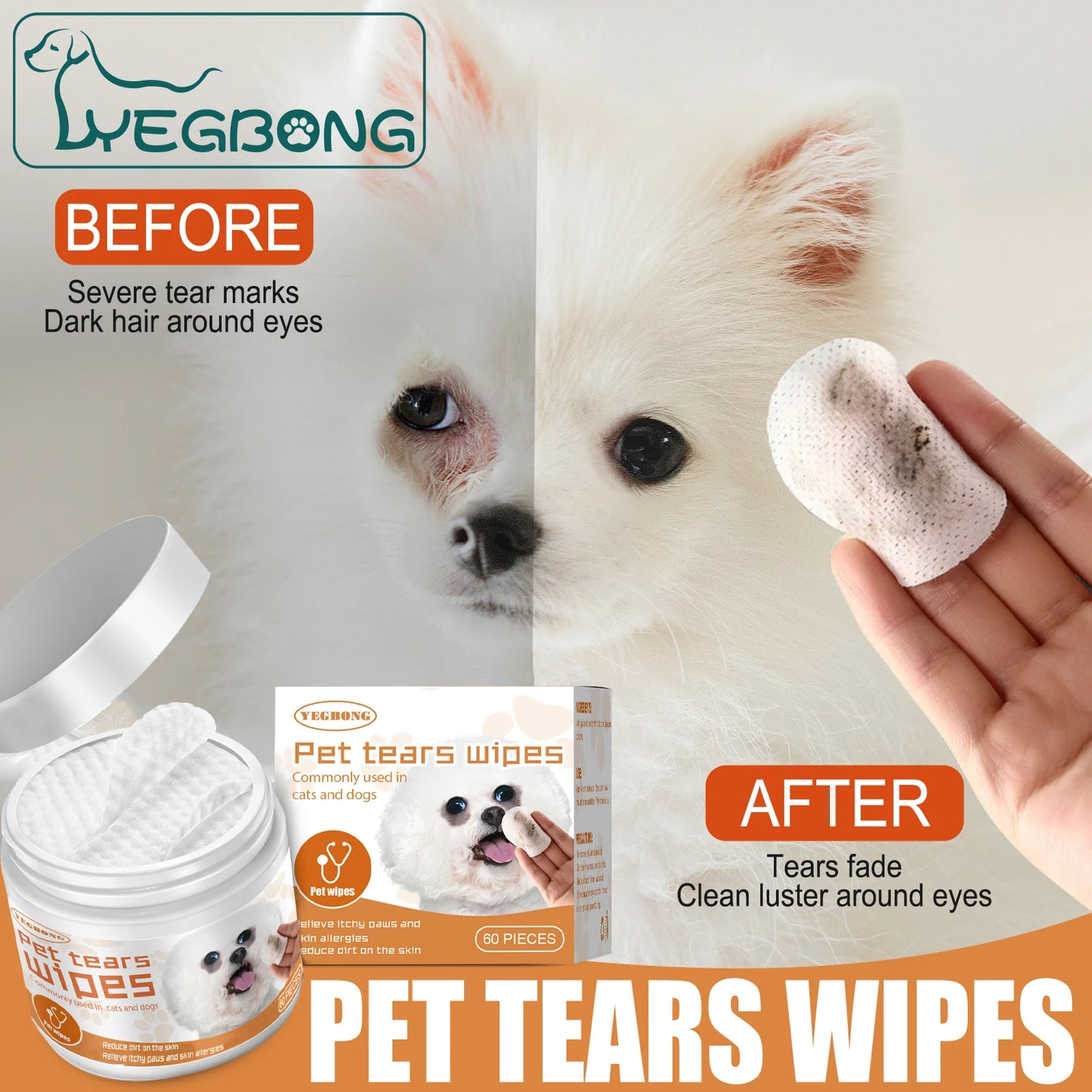 Pet Wipes Tear Marks Stain Remover Eye Cleansing Dog Cat Accessories Disposable Non-Woven Non-Irritating Cotton Pets Wet Tissues
